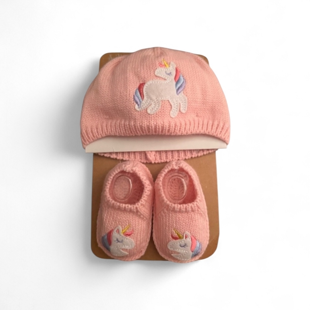 Pink Unicorn Knit Hat and Booties Set